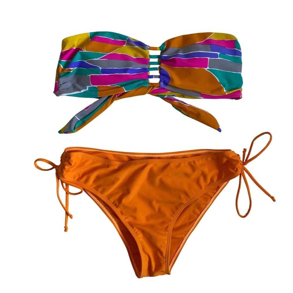 Raisins‎ Swimsuit 2pc Set Anya Bandeau Top XL Cocoa Beach Orange Bottoms L Multi